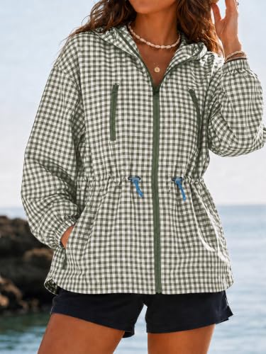 Fisoew Womens Rain Jacket Waterproof Plaid Raincoat Hooded Windbreaker - image 2