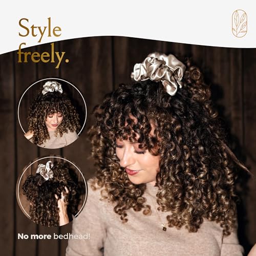Image of Silk Scrunchies for Women Ponytail Holders - Oversized Mulberry Silk Scrunchies - Extra Large No Damage Hair Ties for Curly, Thick, and Thin - Hair Accessories for Women - London Fog, XL By Curlfriend