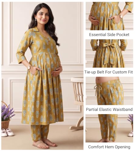 Image of DUMMY SHAPE Maternity Dresses for Women Cotton | Floral Kurta Pant Dupatta Set with Nursing Zippers, Side Pocket | Pre & Post Pregnancy | Feeding Kurti Suit | Baby Shower | Gifts for Pregnant Woman
