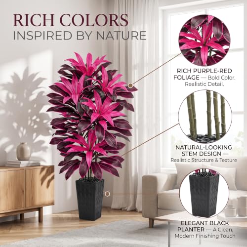Image of Artificial Dracaena Plant Fake Tree with Planter Faux Yucca Tall Fake Floor Plant, Artificial Trees for Home Bedroom Office Indoor Living Room Decoration (Purple-Black Pot, 6FT)