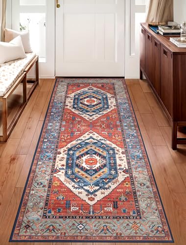 SERISSA Boho Washable Runner Rug, 2x5 Non-Slip Vintage Rust Hallway Kitchen Runner Rug Ultra Soft Print Distressed Tribal Floor Carpet for Bedroom Bathroom Laundry Living Room