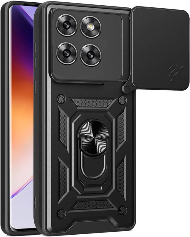 SkyTree Robotic Sliding Camera Window Shock Proof Thunder Case, Dual Layer Hybrid Shockproof Back Cover Case with Kickstand for Motorola Moto Edge 60 Pro 5G – Black