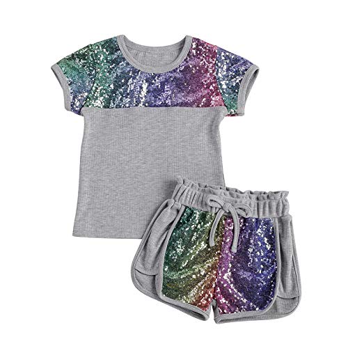 Fullvigor Toddler Baby Girl Summer Clothes Sequins Pocket Knitted Short Sleeve T-Shirts+Shorts Set Outfit 2Pcs (A-Grey, 5-6 Years)
