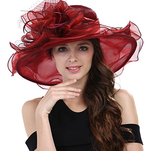 Janey&Rubbins Womens Organza Lightweight Saturday Horse Racing Derby Day Wide Brim Church Hat (Red)