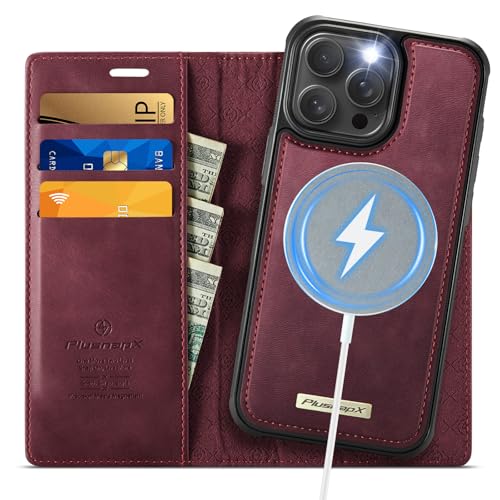 Image of Wallet Case for iPhone 13 Pro Compatible with Magsafe, 2-in-1 PU Leather Flip RFID Blocking Card Holder Stand Shockproof Magnetic Detachable Case for iPhone 13 Pro Case 6.1 inch, Burgundy