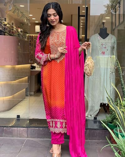 Image of GoSriKi Women's Rayon Blend Straight Embroidered Kurta with Pant & Dupatta