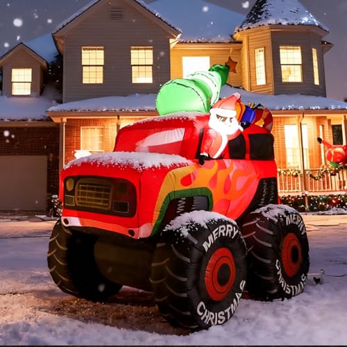 JOYHALO 7.5FT Christmas Inflatable Santa Drive Monster Truck, Blow Up Yard Decorations with Bright LED Lights, Santa Truck Christmas Outdoor Inflatables for Indoor Lawn Party Decor
