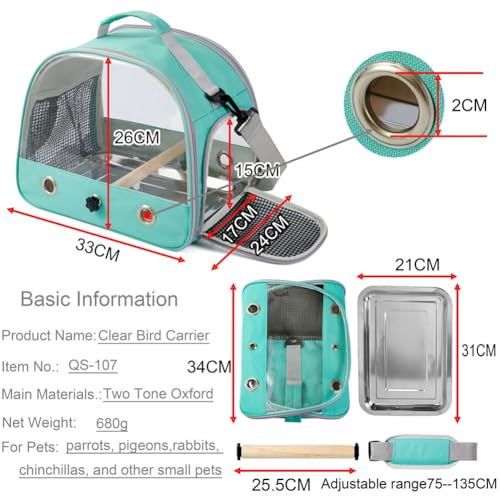Bird Carrier Travel Cage,Portable Clear Bird Travel Cage for Parrot with Stainless Steel Tray and Wooden Standing Perch,Side Access Window Collapsible for Parakeets Budgie - Image 3