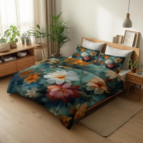 Housse de couette réversible avec fermeture éclair feuilles florales