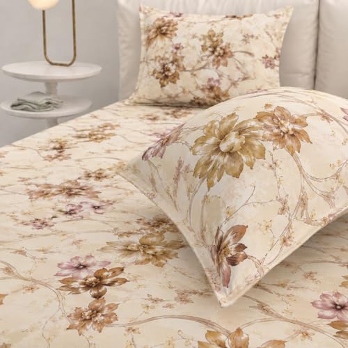 Image of Castiqa Elastic Fitted Supersoft Premium Polycotton 200TC Super King Size 108x108Inch Jointless Bedsheet with 2 Pillow Covers (Pink Flower, Super King 108x108inch (12 inch Mattress))