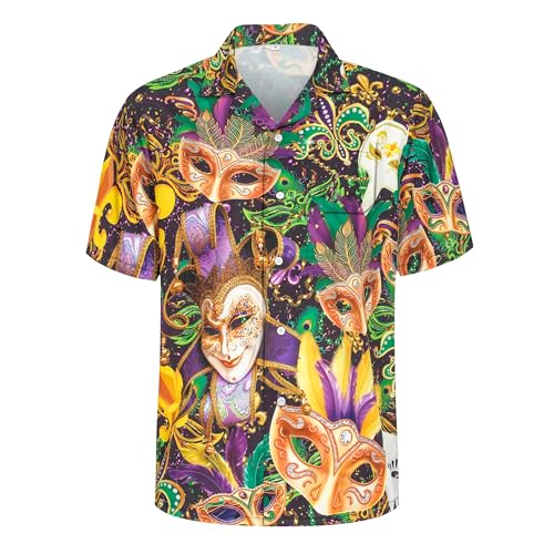 Kosgraiy Men Mardi Gras Shirt Button Up Shirt Mardi Gras Outfit for Men Mens Short Sleeve Carnival Shirts Funny Hawaiian Beach Casual Shirts Multicolor XXL