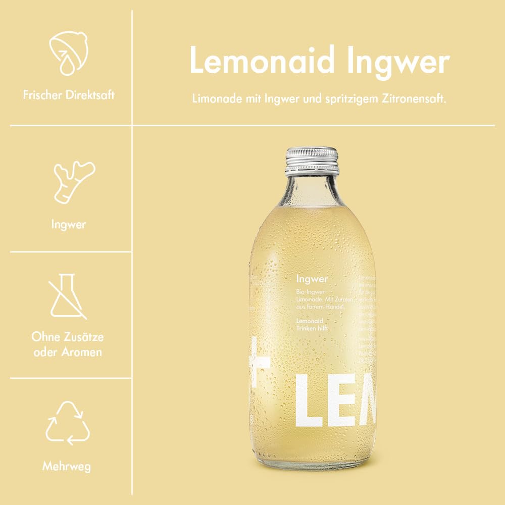 Lemonaid - Ingwer Limonade - Faire Limonade mit besten Bio Zutaten - Leckeres Erfrischungsgetränk in Glas Flasche - Mit geringem Zucker Gehalt (24 x 330ml)