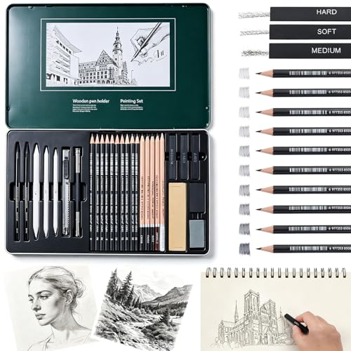 Zhixifan 28 Stück Skizzen Zeichnen Bleistift Set Zeichenstifte Professionell Zeichenset Malset Basissortiment Graphite Set im Metalletui für Künstler Schüler zum Skizzieren Zeichnen
