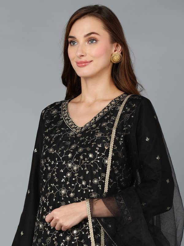 Image of Vaamsi Women's Silk Blend Floral Embroidered Straight Kurta Pant With Dupatta With Cotton Inner