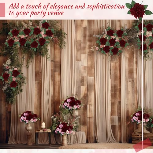 XunYee 50 Pack Artificial Wedding Dahlia Flowers Bulk Silk Dahlias with Stems and Green Leaves Fake Flora Decoration Faux Bouquets for DIY Bridal Shower Wedding Party(Wine Red)