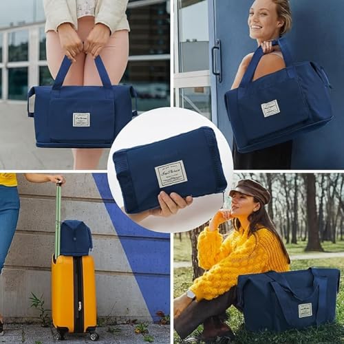Image of Large Capacity Folding Travel Tote Bag, Oxford Fabric Waterproof Lightweight Foldable Travel Duffel Bag, Portable Expandable Travel Bag, Dry and Wet Separation Carry On Bag for Airplanes (Dark Blue)