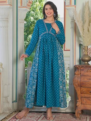 Image of Vbuyz Women's Floral Print Anarkali Cotton Aqua Blue Stitched Kurta | Anarkali Kurti for Women | Kurta for Women