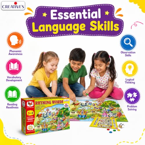 Image of Creative's Rhyming Words 3-in-1, Phonemic Awareness Game, 25 Jumbo Puzzle 24 Pairs Colouring Poster Board Game Dice, Early Reading, Vocabulary Spelling Skills Language Educational Games, Ages 5 & Up