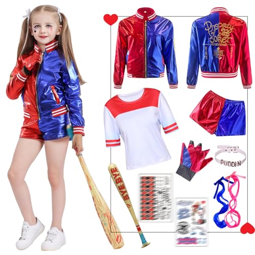 Forfamy Disfraz de Quinn para Adultos Niñas Cosplay Set - chaqueta, camiseta, pantalones cortos, guantes, bate inflable, para Halloween, Fiesta, Carnaval (Niñas, 120)