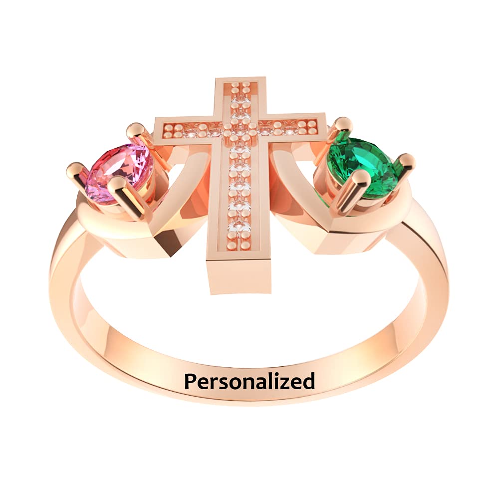 SHAREMORE Personalized Birthstone Rings for Women Christian Cross Ring for Mom with 2 Birthstones Purity Promise Rings Mothers Day Rings