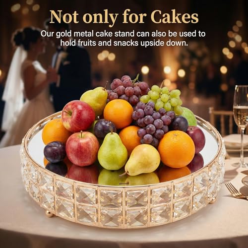 Image of Goaste 3 Pack Crystal Cake Display Stand with Mirror, 14 inch 12 inch 10 inch Metal Pedestal Gold Round Cake Plate Stand, Dessert Cookies Fruit Serving Tray with Shining Crystal Beads for Wedding, Birthday Party