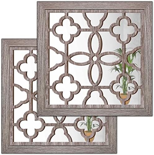 Yudarte 2pcs Set Square Cutout Wall Mirror Decor - Farmhouse Rustic Decorative Mirrors for Bedroom Bathroom Living Room Kitchen Entryway 12x12 Inches