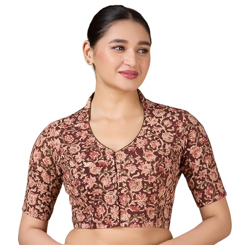 Image of Studio Shringaar Women Cotton Kalamkari Printed with Elbow Length Sleeves Readymade Saree Blouse