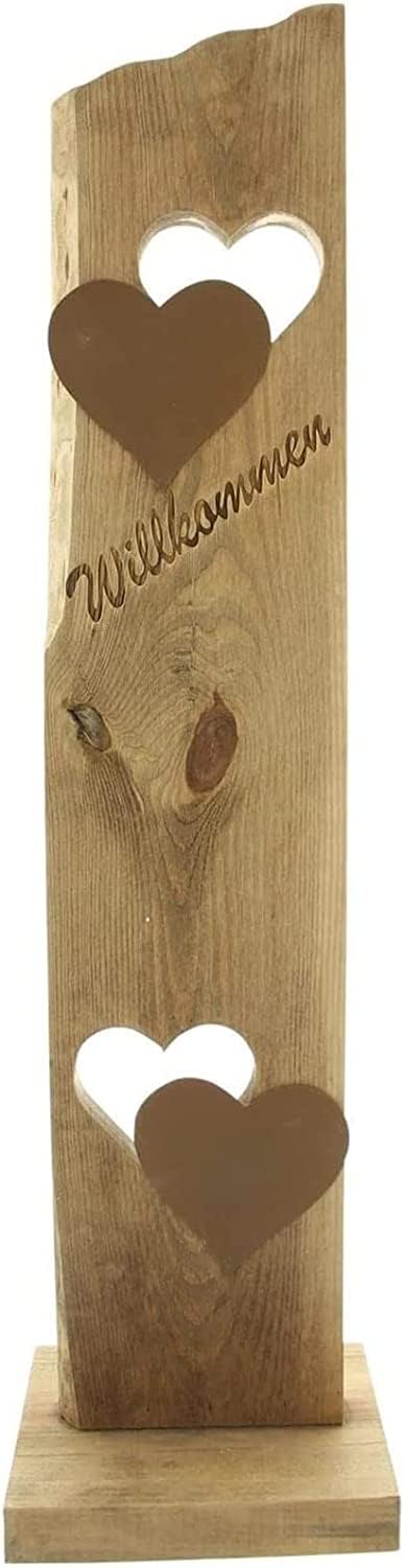 Dekosäule "Willkommen" aus Holz, 80 cm hoch, 2 Metall-Herzen in Rost-Optik