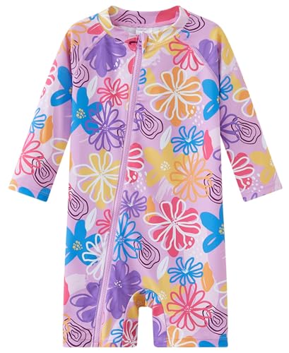 Image of UMELOK Baby Girl One Piece Swimsuit Infant Rash Guard Bathing Suit | UPF 50+ Sun Protection Swimwear,Full Zip,Long Sleeves,Soft And Comfortable Fabric,Swimming Pool,Beach