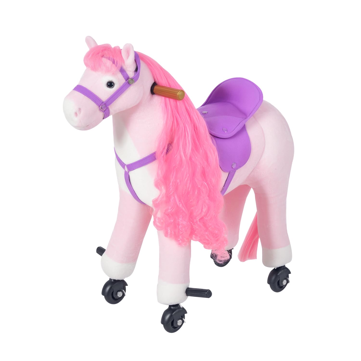 HOMCOM Caballo balancín para niños mayores de 3 años con 4 ruedas y sonidos realistas, Caballo balancín acolchado para niños con reposapiés, 65x28x75 cm, rosa