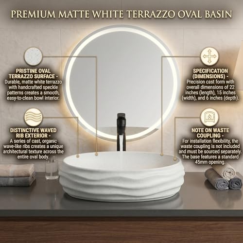 Image of BASSINO 22x15x6 Inches Ceramic Table Top Washbasin /White Terrazzo Luxury Countertop Sink /Modern Basin for Home,Living Room,Dining Hall /Designer Oval Shape Wash Basin for Bathroom with Wave(Matte)