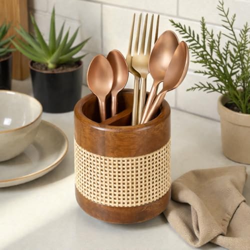 Image of Wooden Cutlery Holder for Kitchen Counter (Round Cutlery) | Vervique Emporium Wooden Cutlery Holder with Removable Compartments