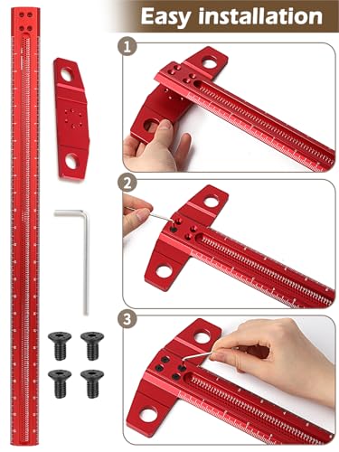 T-Square Woodworking Ruler - 24 Inch Architect Precision Marking Ruler, Aluminum Alloy Speed Square & Woodworking Scriber, for Carpenter Crafting, Marking, Layout, Scribing and Measuring, Red - Image 4