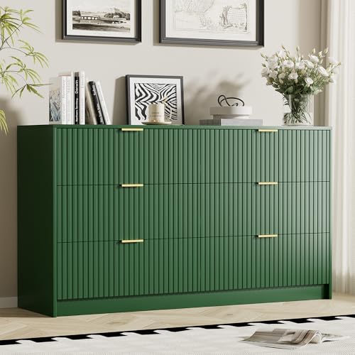 Image of Furniway Green Dresser for Bedroom, Modern Dresser with 6 Drawers and Smooth Slides, Wide Chest of Drawers with Golden Handles for Bedroom, Living Room, Closet, 15.7 inch D x 55.1 inch W x 31.4 inch H