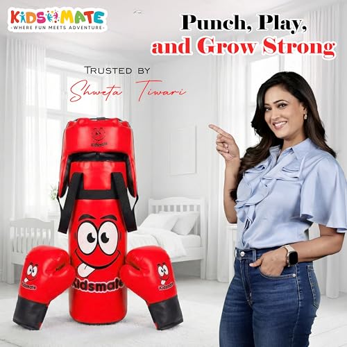 Image of Kidsmate Boxing Kit for Kids of Age 3-8 Yrs | Safe Synthetic Leather Punching Bag with Gloves Set | Boxing Set for Karate Training & Punch Practice | Playful Fitness Activity for Boys & Girls (Red)