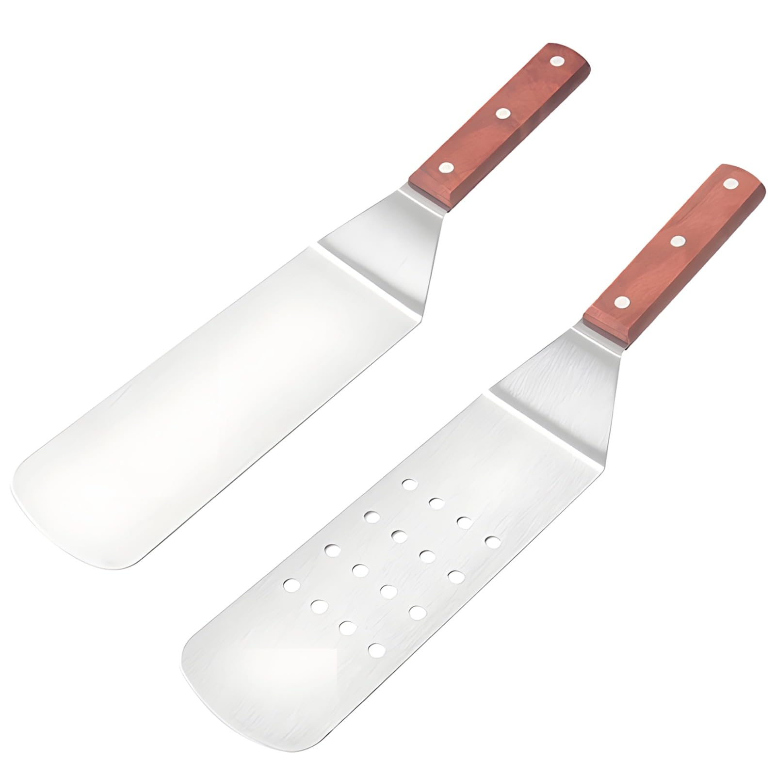 2 Pcs Stainless Steel Grill Spatula Set, Including Wooden Handle Spatula and Slotted Spatula, Steak Turner Scraper with Rivet Reinforced, Heat Resistant for Griddle BBQ