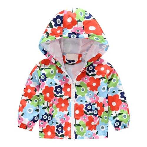 Boys Girls Waterproof Windbreaker Jacket Fashion Rainproof Hoodie Kids Long Sleeve Zip Up Flower Print Thin Coat
