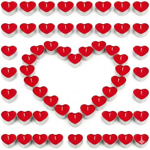 Pack of 50 Red Heart Shaped Tea Lights Candles - 50 Red Tea Lights for Valentines Decorations - Valentines Day Decorations Heart Shaped Romantic Candle Multipack