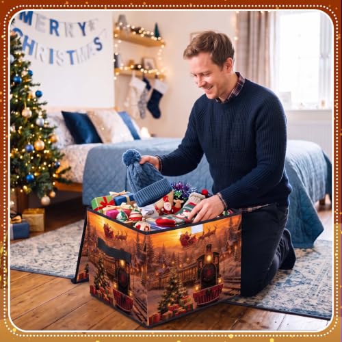Image of Briwooody Christmas Storage Bin with Lid and Carrying Handle Christmas Train Foldable Storage Box Large Xmas Snowy Night Decorative Collapsible Container Basket for Organizing Closet Home Bedroom