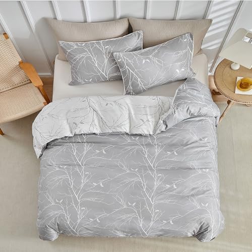 Image of Lekesky Reversible Duvet Cover Queen Size, Grey White Branch Comforter Cover Queen 3pcs Microfiber Botanical Bedding Set with Zipper Closure Corner Ties