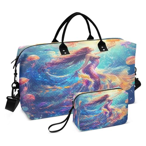 Travel Duffle Bag Weekender Bags Overnight Bag with Toiletry Bag Gym Duffel Bag Watercolor Mermaid Jellyfish for Travel Business Trips Sport
