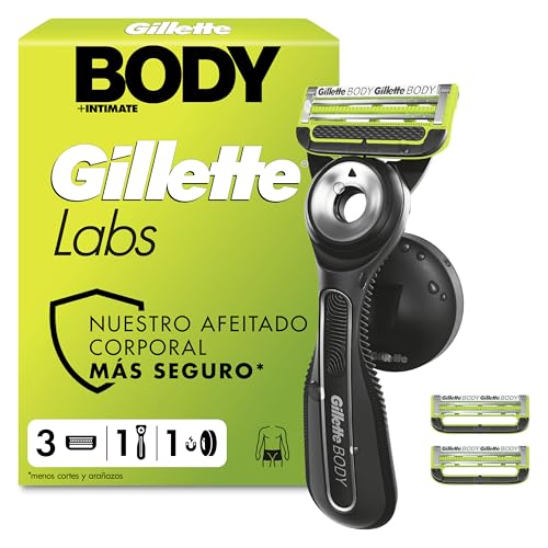 GilletteLabs Body + Intimate Maquinilla Corporal Hombre, 3 Recambios - Mango de Caucho, Cuchillas con Barra Anti-vellos Encarnados Y Soporte Magnético, Depilación Íntima Y Afeitado Corporal Masculino