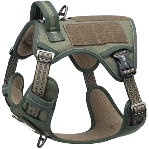 DNALLRINO Tactical Dog Harness for Medium Large Dogs, Green Dog Harness with ID Card, Reflective Hiking Harness for Training Easy Control Dog Vest with Handle Green Cover