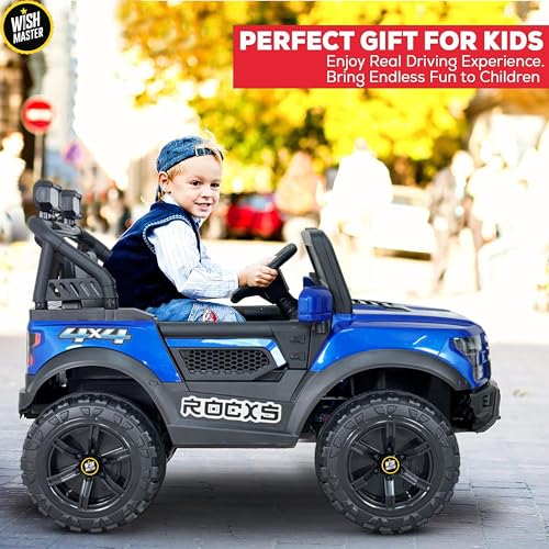 Image of Wishmaster 4x4 Driving EV Cars for 1, 2, 3, 4, 5, 6 Years | Remote + Steering + Mobile App Control | Kids Jeeps (Medium Size F-Raptor [1-8 Year Kids], Royal Blue)