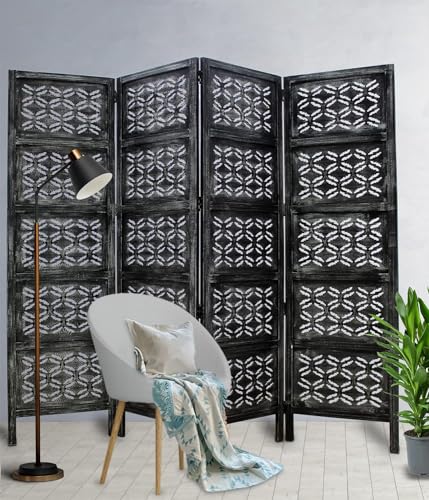 Image of Classic Wood and Craft Wooden Room Divider Partition for Living Room, Privacy Partition, Partition Wall, Divider for Makeup Studio /Office (4 Panels - Fish Design)