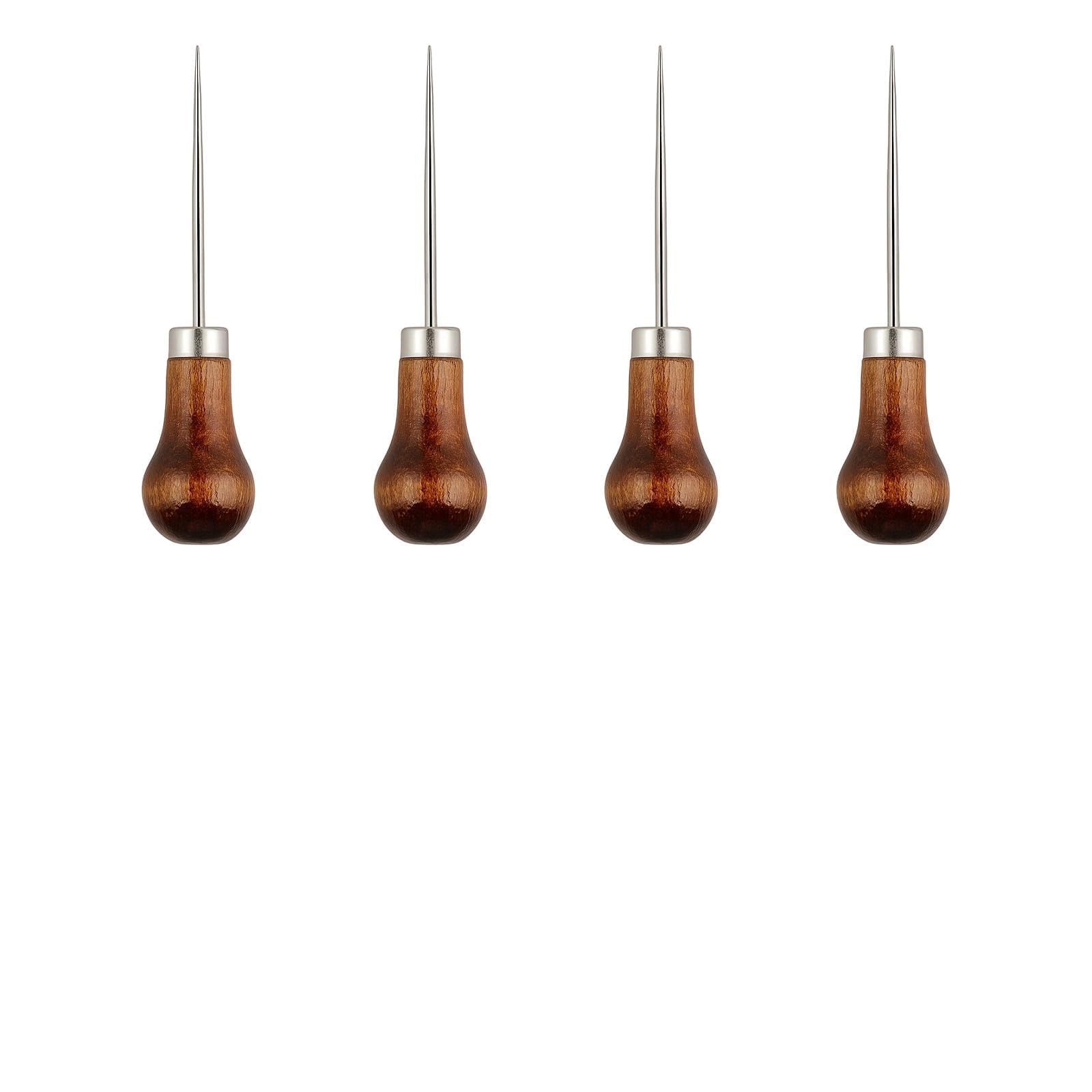 4 Pack Awl, Gourd Shape Awl, Bradawl Tool with Wooden Handle, Leather Sewing Bradawl Set for Crafting, Perforating, Punching, and DIY Handcraft Projects, Durable Tailor Tools for Leather and Fabric