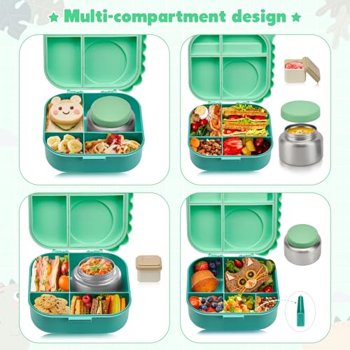 Image of Pawtong Bento Lunch Box with Thermo, 4-Compartment Bento Box with Adjustable Dividers, Leakproof Dinosaur Lunch Box with 14.2OZ Insulated Food Jar & Sauce Jar, for School Office Travel(Green)