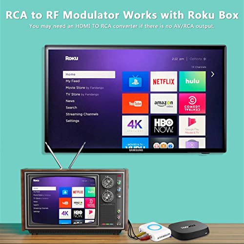 RF Modulator RCA Coax Adapter CVBS VHF Converter w/ANT in/Out & Channel Switch for VCRs DVD Bule-ray Players Fire Stick PS3 PS4 TV Tuner Satellite Set-top Cable Box AV Video to Analog NTSC Coaxial TV