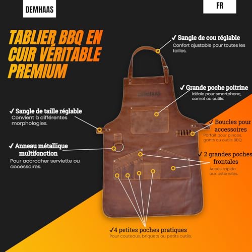 DEMHAAS® Premium Grillschürze aus Echtleder – Handgefertigte Lederschürze für Männer | BBQ-, Grill- & Kochschürze mit Taschen | Verstellbare Riemen | Vintage Braun (Braun)