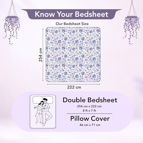Image of Divine Casa 144 TC 100% Cotton Double Bedsheet with 2 Pillow Covers | Soft Breathable Wrinkle Free Bed Sheet Set | Printed Bedding for Bedroom | 222 x 254 cm (Purple Blue, Floral)